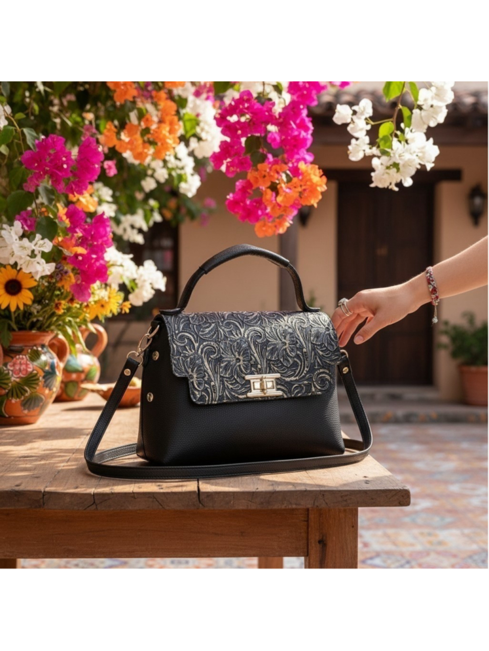 Black Gold Floral Studded Embossed Artisan LEATHER Purse Handbag Crossbody